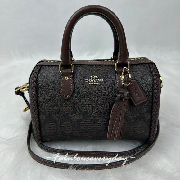 Coach Mini Rowan Crossbody Bag In Signature Canvas With Fringe CCF30 Walnut - Picture 1 of 7